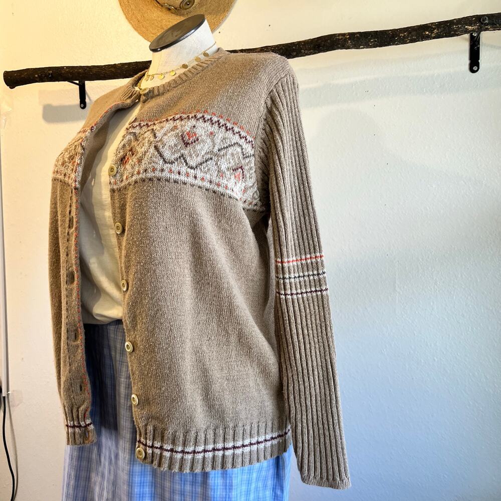 Woolrich Tan Fair Isle Cotton Woven Knit Button Cardigan Sweater Size 2X - Picture 3 of 11